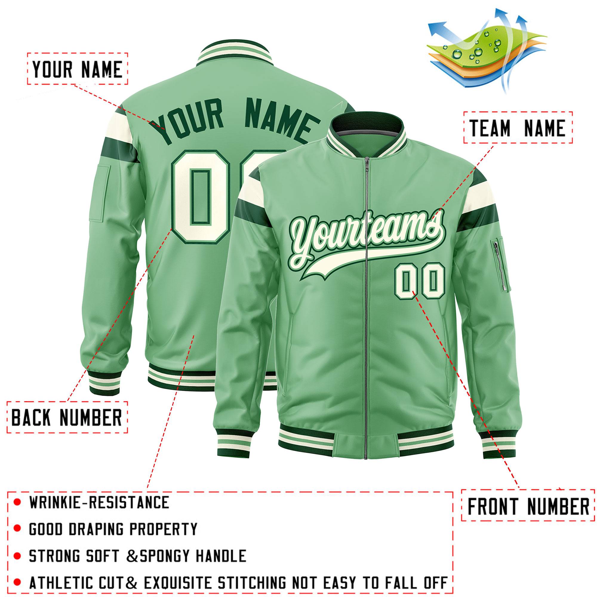 Custom Light Green Green-Cream Varsity Full-Zip Shoulder Color Block Letterman Bomber Jacket