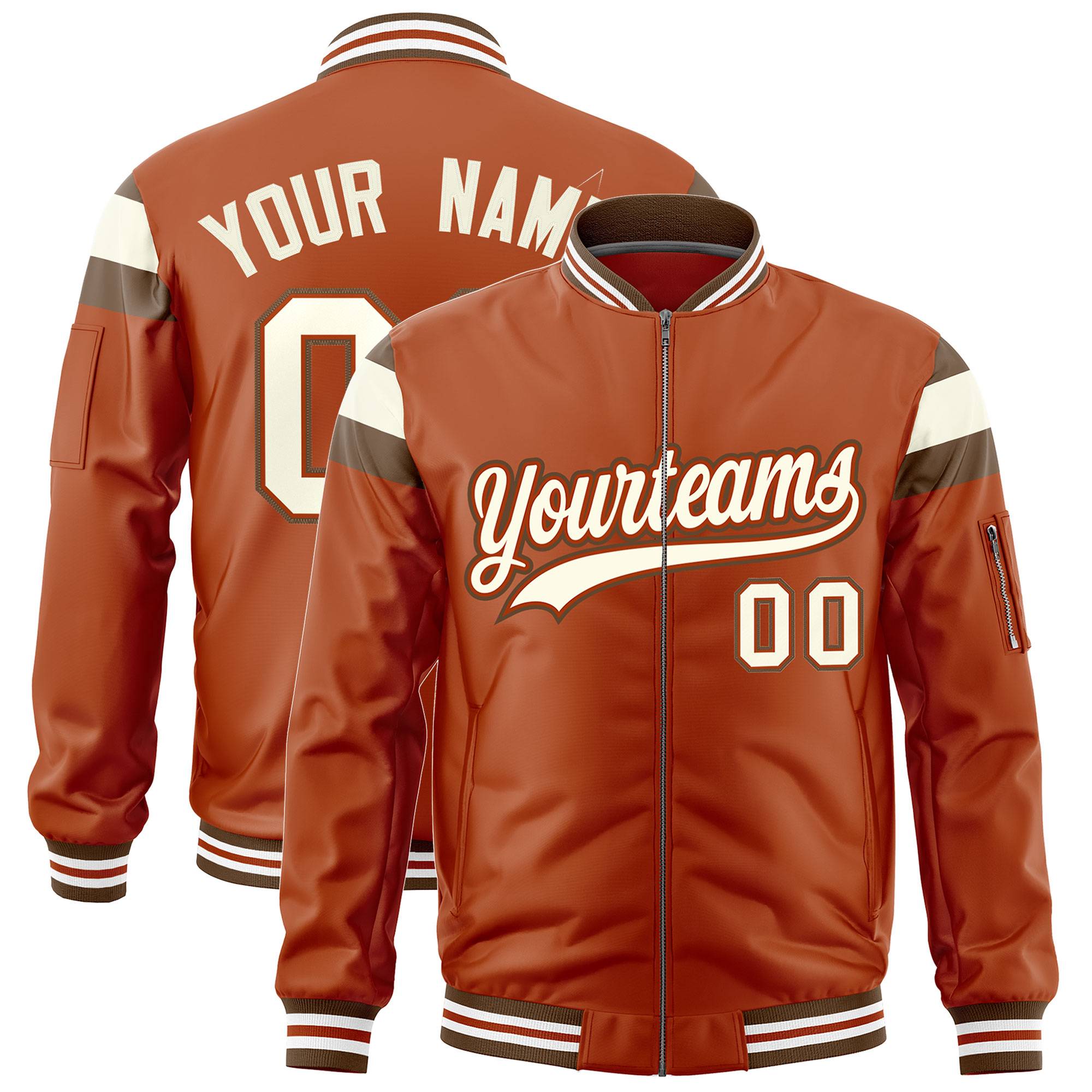 Custom Texas Orange Light Brown-Cream Varsity Full-Zip Shoulder Color Block Letterman Bomber Jacket