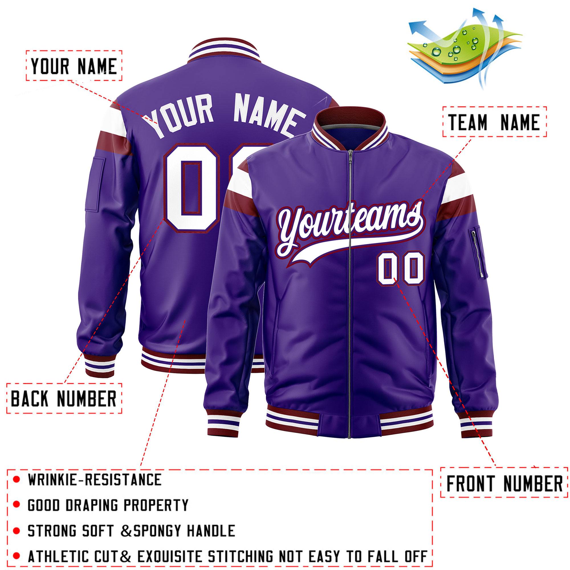 Custom Purple Crimson-White Varsity Full-Zip Shoulder Color Block Letterman Bomber Jacket