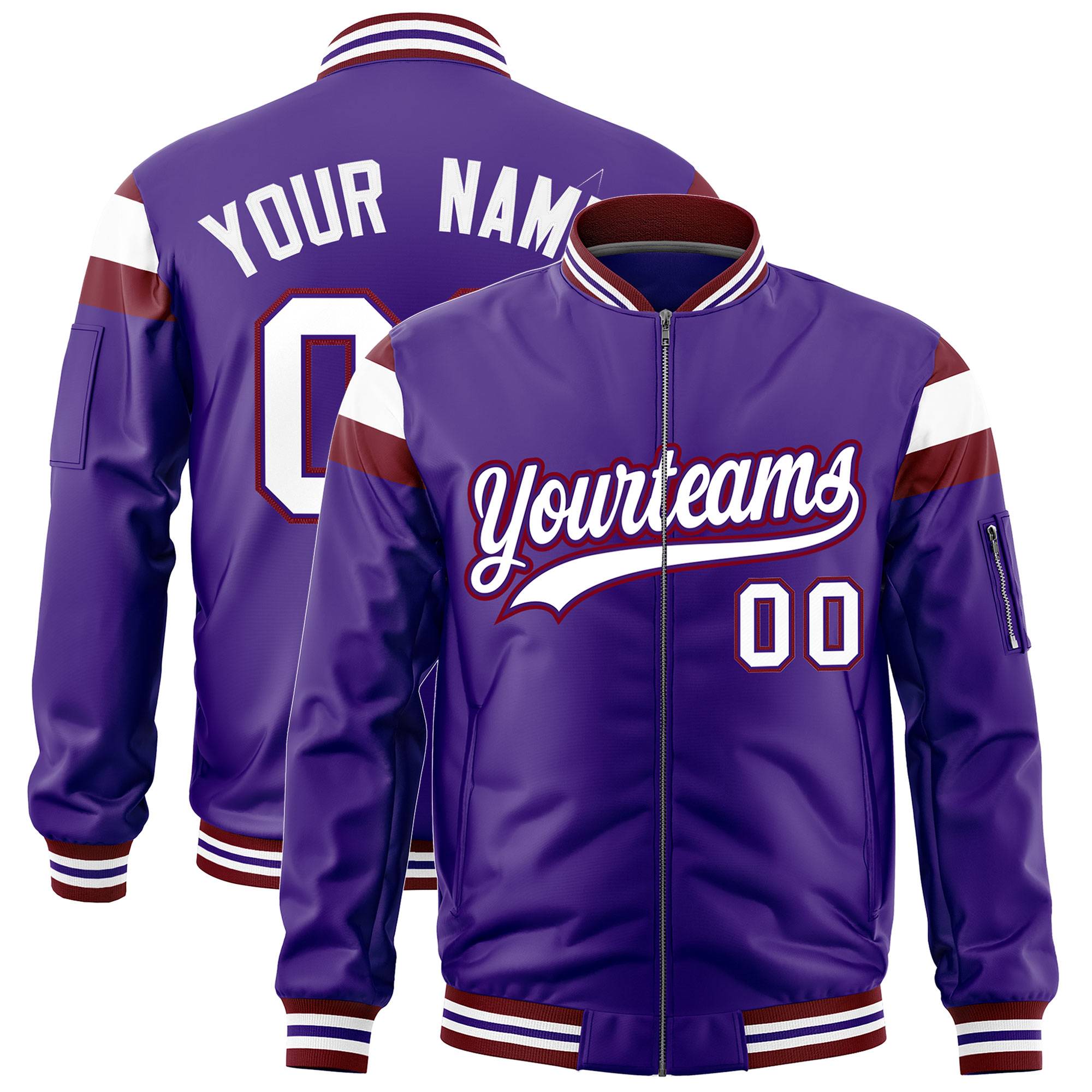 Custom Purple Crimson-White Varsity Full-Zip Shoulder Color Block Letterman Bomber Jacket