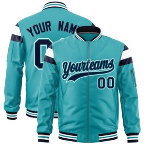 Custom Aqua Navy-White Varsity Full-Zip Shoulder Color Block Letterman Bomber Jacket