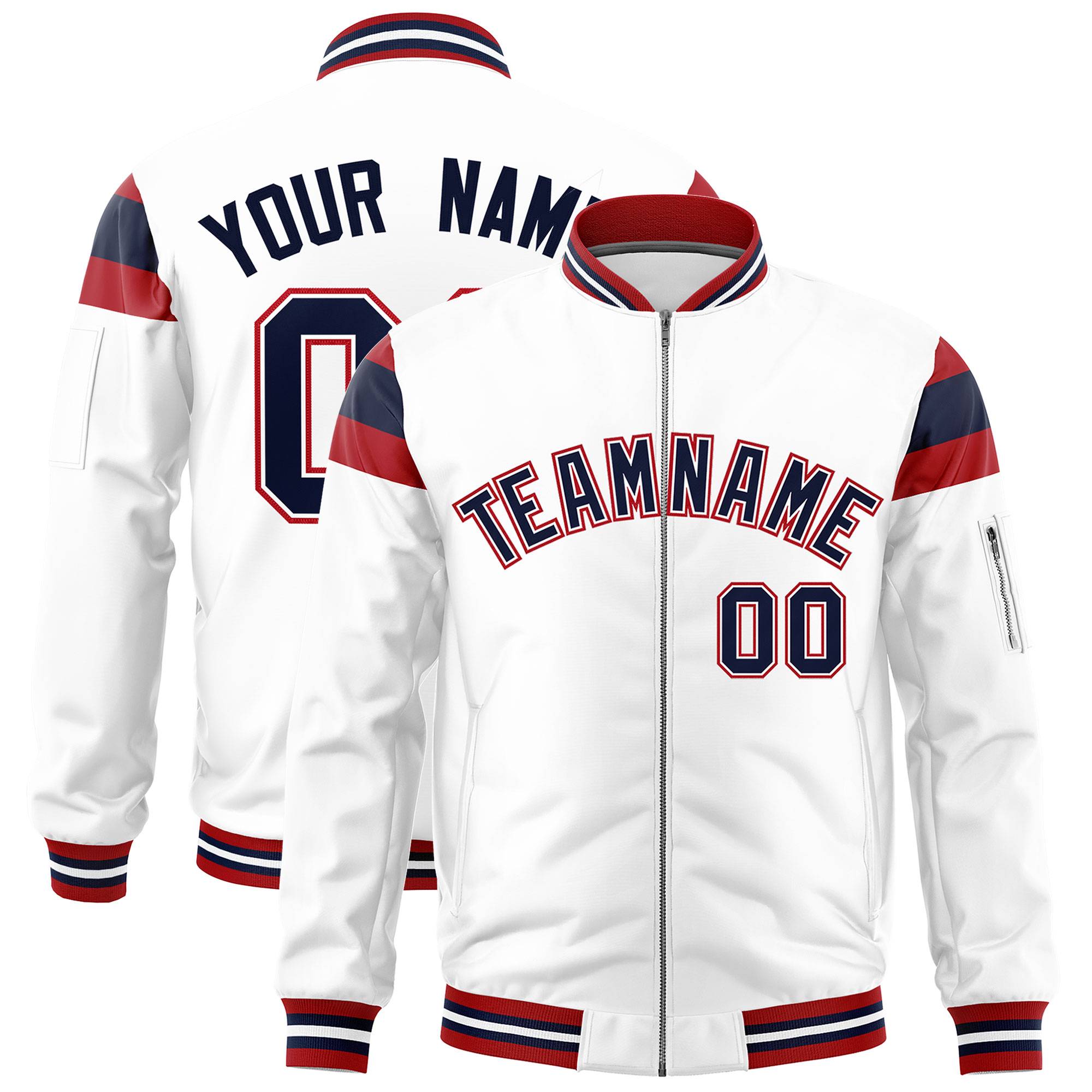 Custom White Red-Navy Varsity Full-Zip Shoulder Color Block Letterman Bomber Jacket