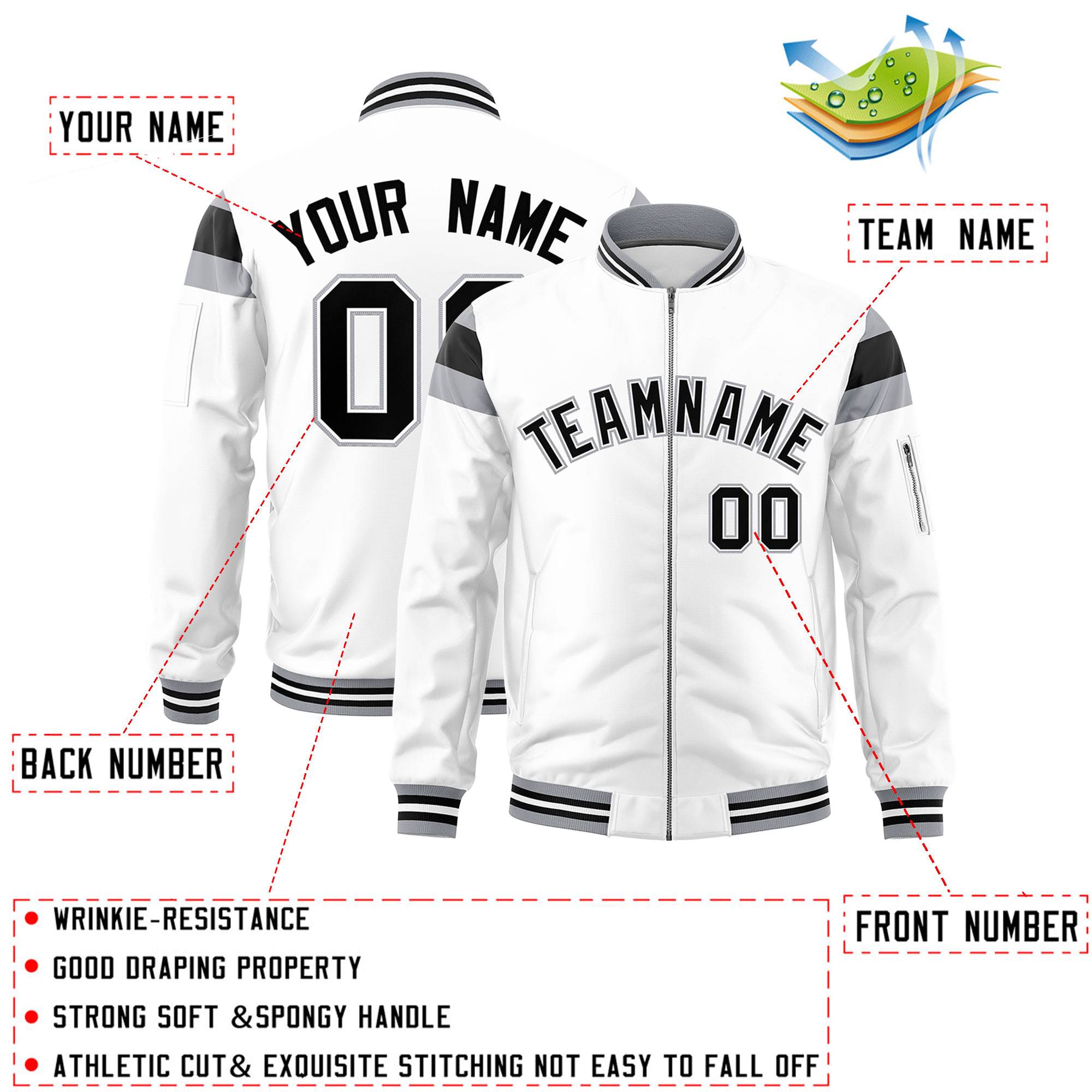 Custom White Silver-Black Varsity Full-Zip Shoulder Color Block Letterman Bomber Jacket