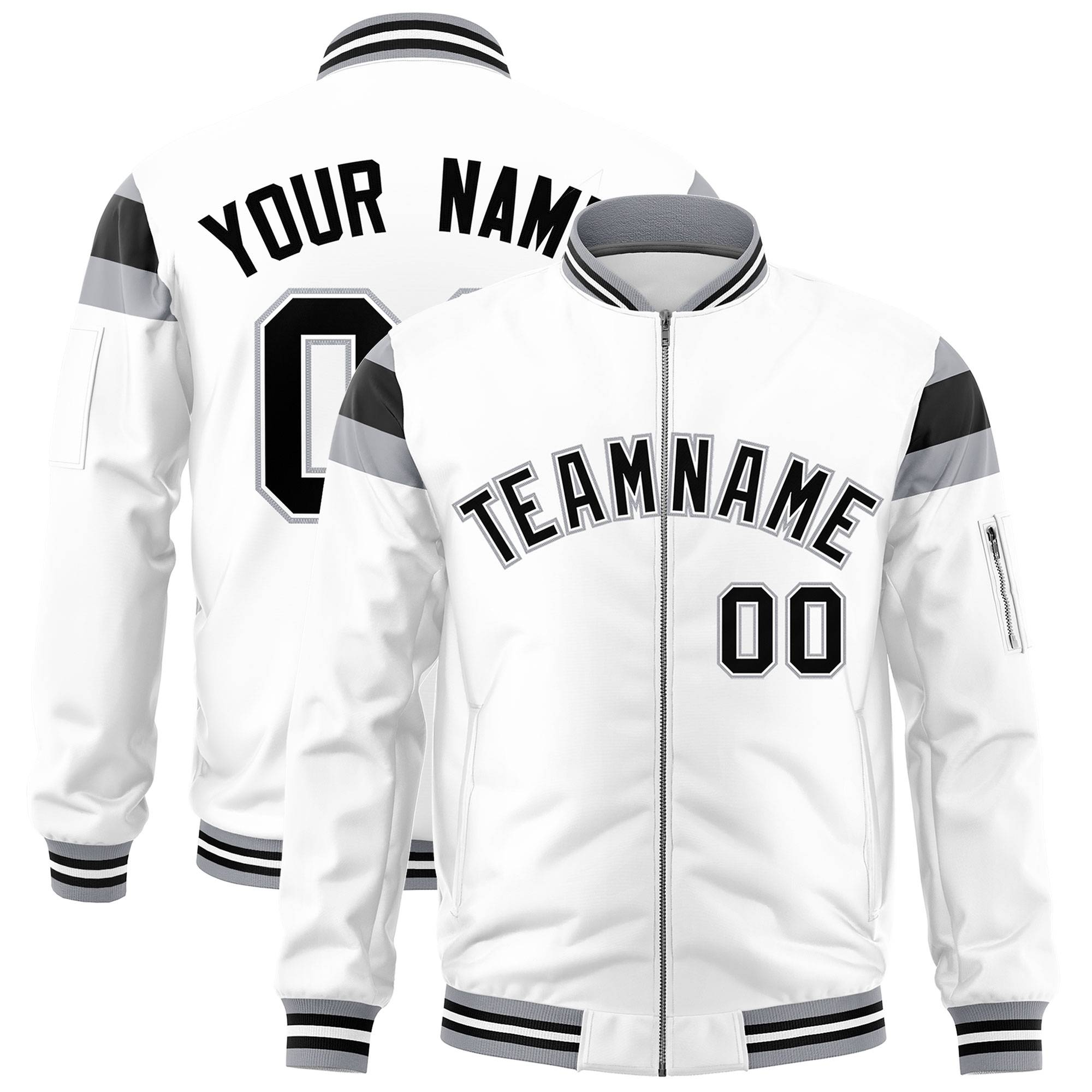 Custom White Silver-Black Varsity Full-Zip Shoulder Color Block Letterman Bomber Jacket