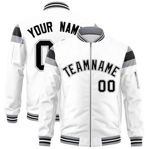 Custom White Silver-Black Varsity Full-Zip Shoulder Color Block Letterman Bomber Jacket