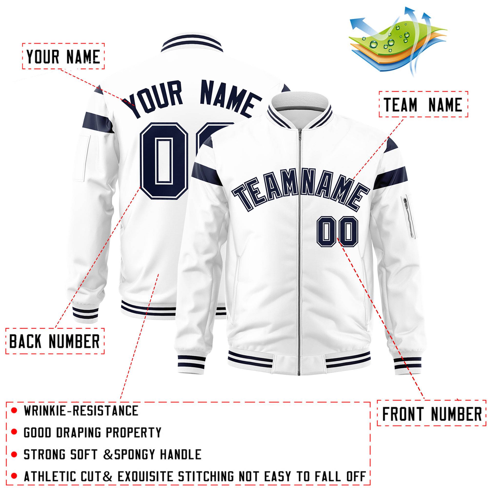 Custom White Navy Varsity Full-Zip Shoulder Color Block Letterman Bomber Jacket