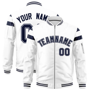 Custom White Navy Varsity Full-Zip Shoulder Color Block Letterman Bomber Jacket