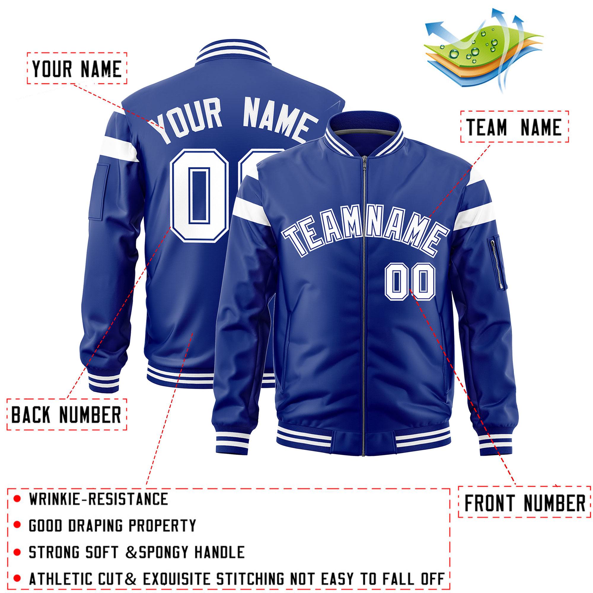 Custom Royal White Varsity Full-Zip Shoulder Color Block Letterman Bomber Jacket