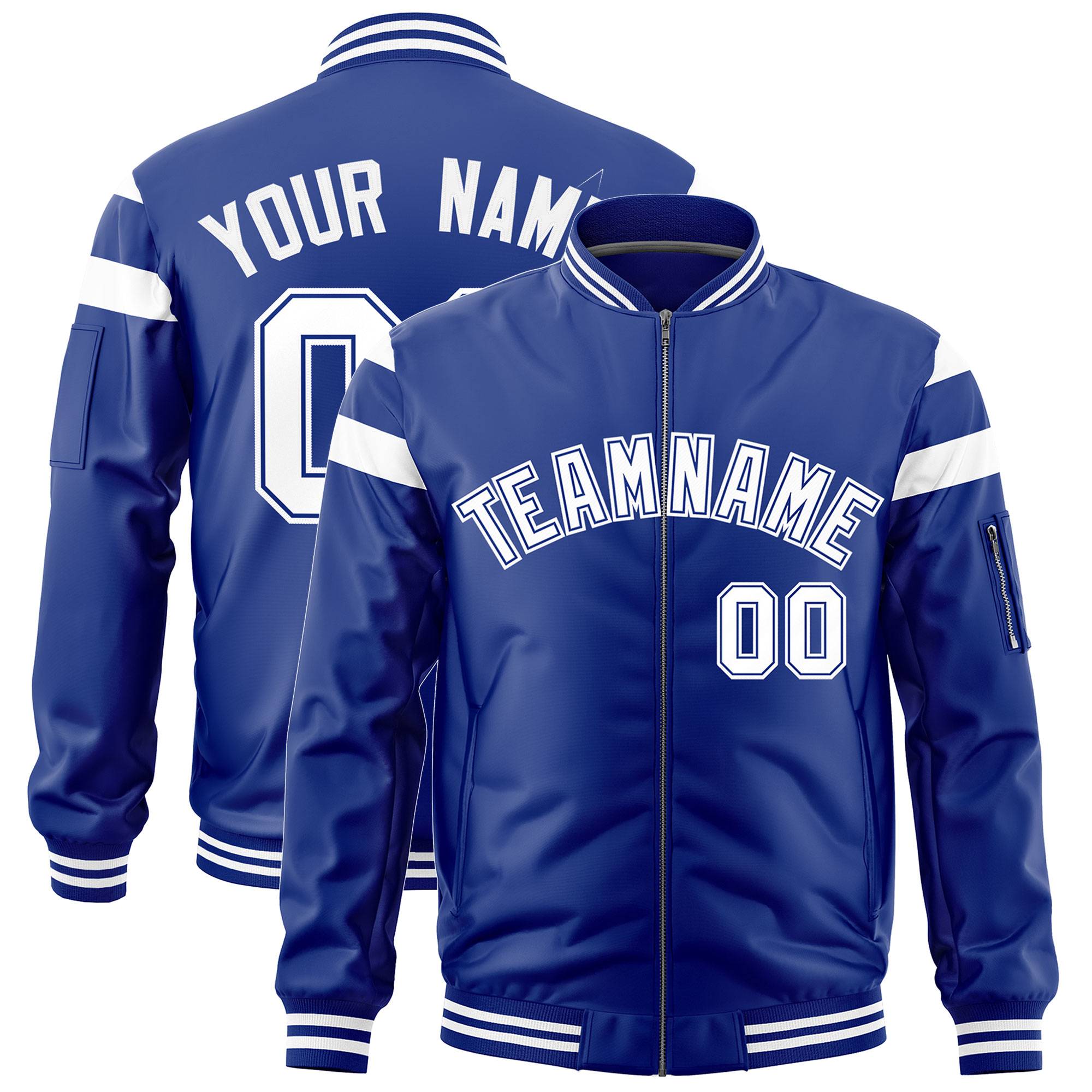 Custom Royal White Varsity Full-Zip Shoulder Color Block Letterman Bomber Jacket