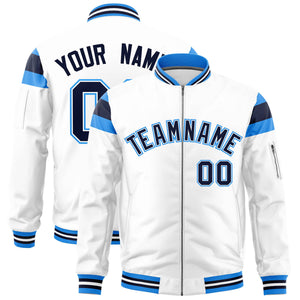 Custom White Powder Blue-Navy Varsity Full-Zip Shoulder Color Block Letterman Bomber Jacket