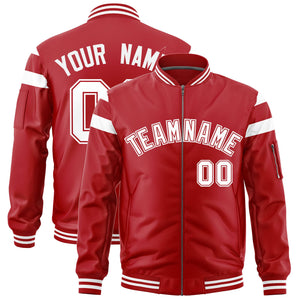 Custom Red White Varsity Full-Zip Shoulder Color Block Letterman Bomber Jacket