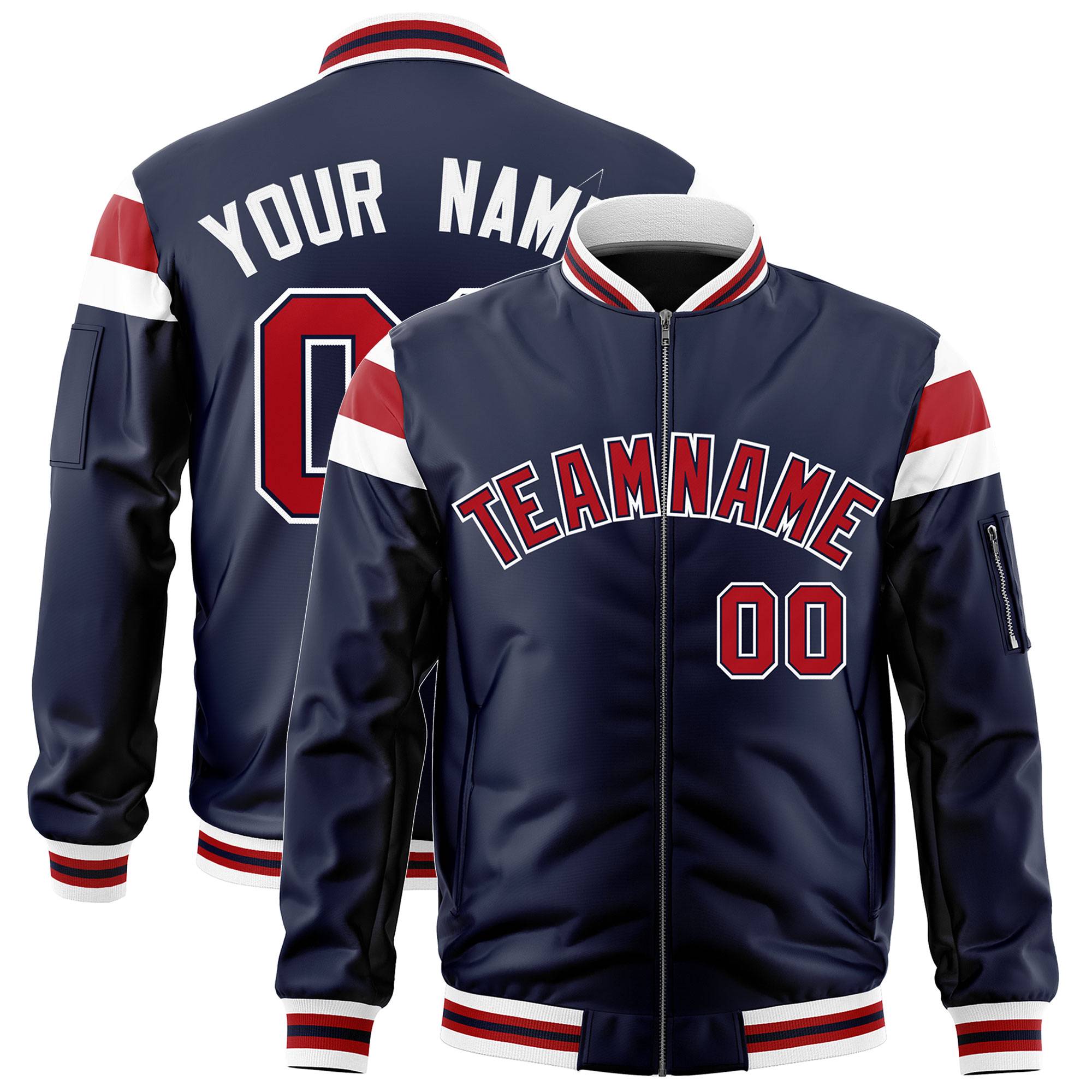 Custom Navy White-Red Varsity Full-Zip Shoulder Color Block Letterman Bomber Jacket