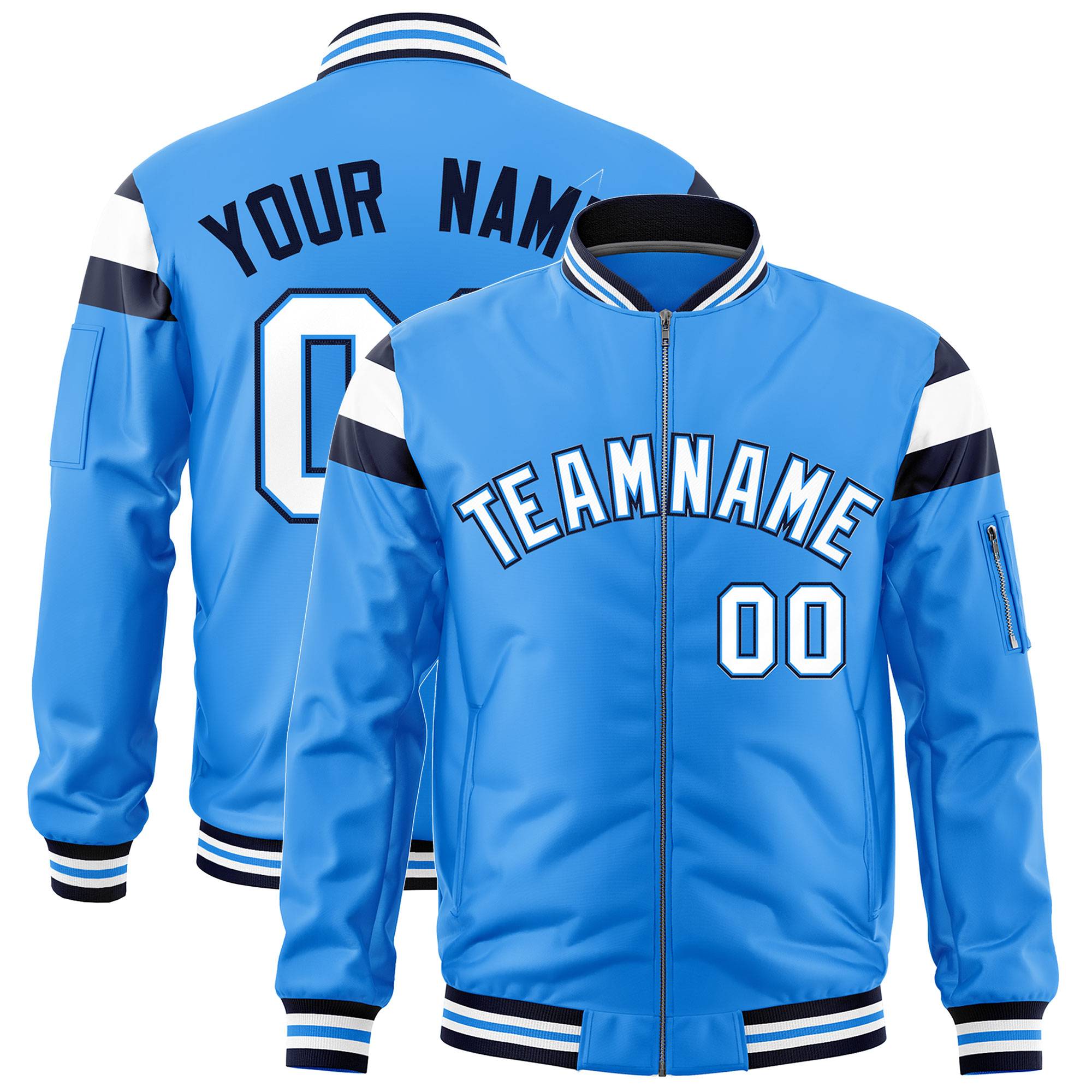 Custom Powder Blue Navy-White Varsity Full-Zip Shoulder Color Block Letterman Bomber Jacket