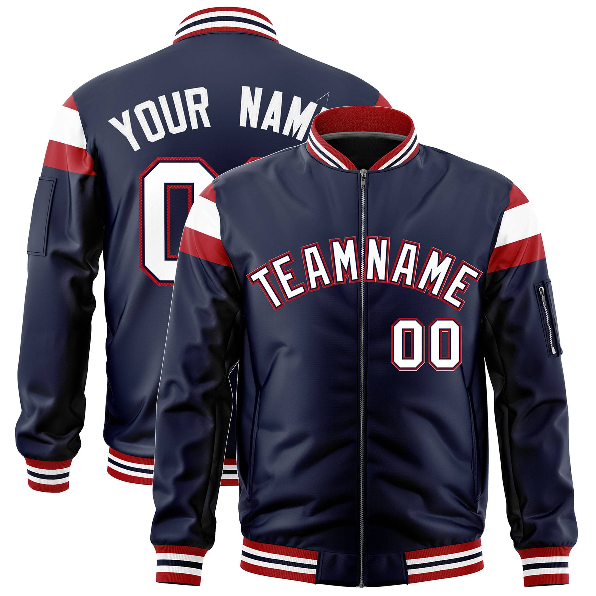 Custom Navy Red-White Varsity Full-Zip Shoulder Color Block Letterman Bomber Jacket