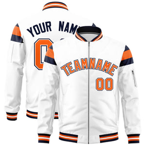 Custom White Navy-Orange Varsity Full-Zip Shoulder Color Block Letterman Bomber Jacket