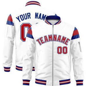 Custom White Royal-Red Varsity Full-Zip Shoulder Color Block Letterman Bomber Jacket