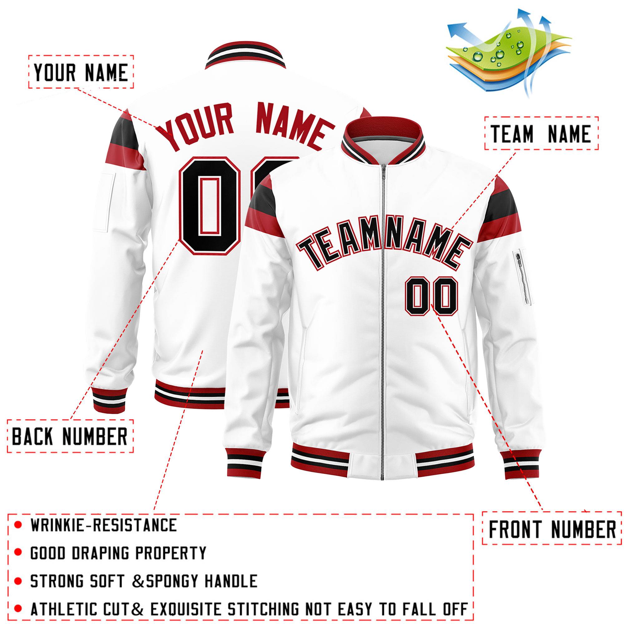 Custom White Red-Black Varsity Full-Zip Shoulder Color Block Letterman Bomber Jacket