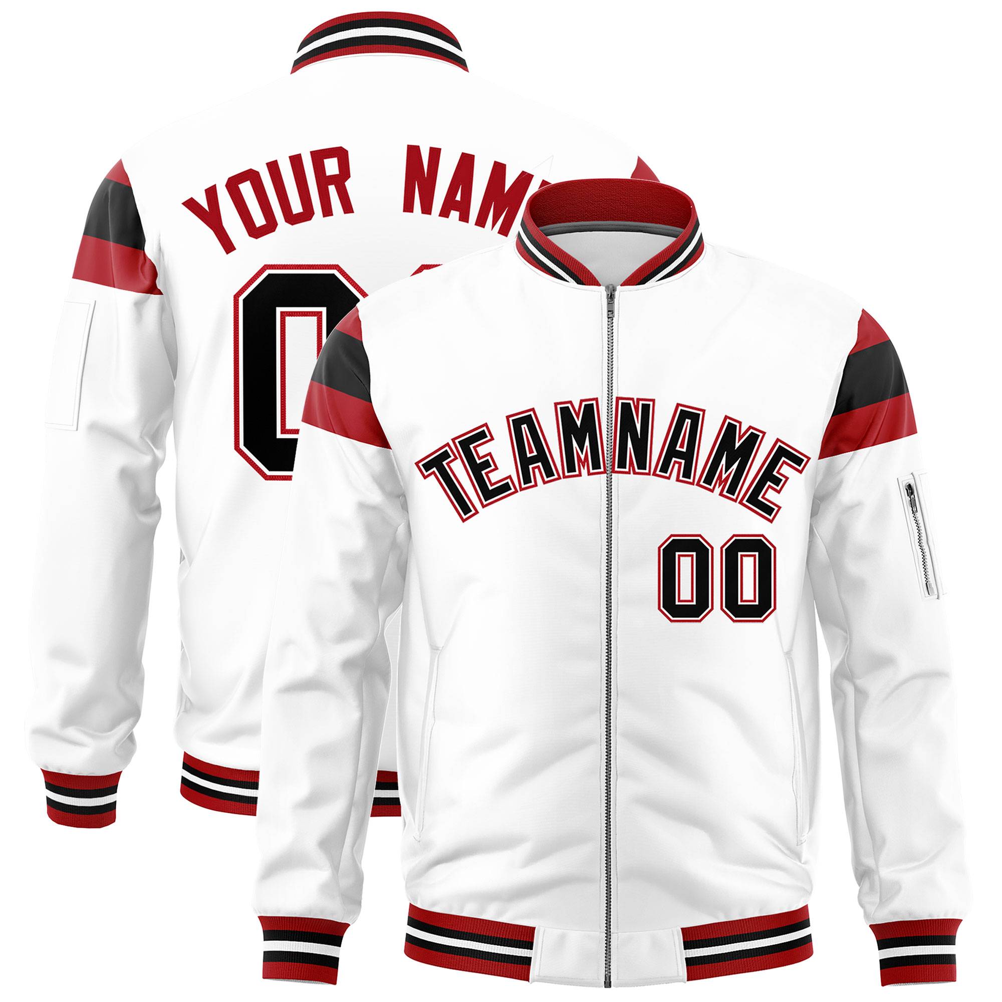 Custom White Red-Black Varsity Full-Zip Shoulder Color Block Letterman Bomber Jacket