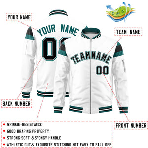 Custom White Aqua-Black Varsity Full-Zip Shoulder Color Block Letterman Bomber Jacket