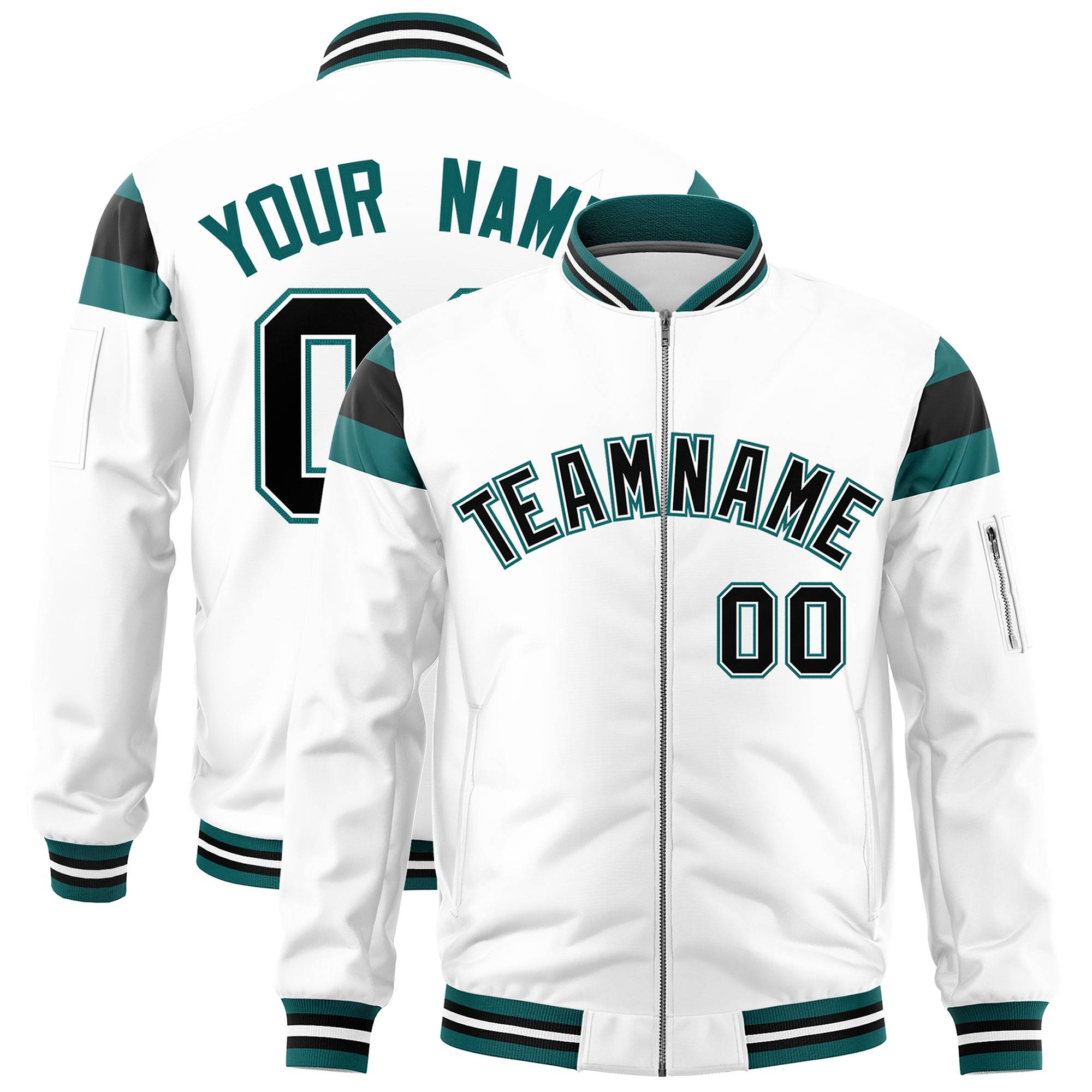 Custom White Aqua-Black Varsity Full-Zip Shoulder Color Block Letterman Bomber Jacket