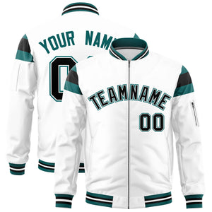 Custom White Aqua-Black Varsity Full-Zip Shoulder Color Block Letterman Bomber Jacket