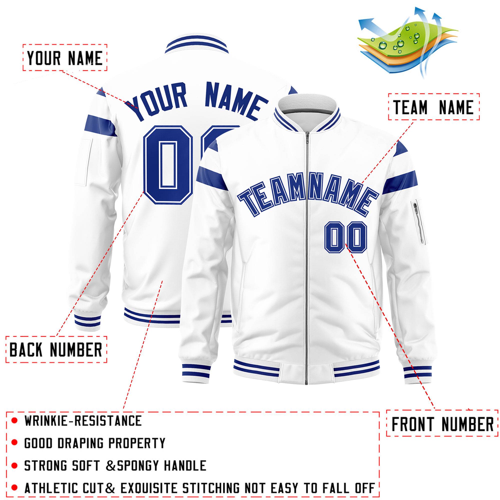 Custom White Royal Varsity Full-Zip Shoulder Color Block Letterman Bomber Jacket