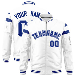 Custom White Royal Varsity Full-Zip Shoulder Color Block Letterman Bomber Jacket