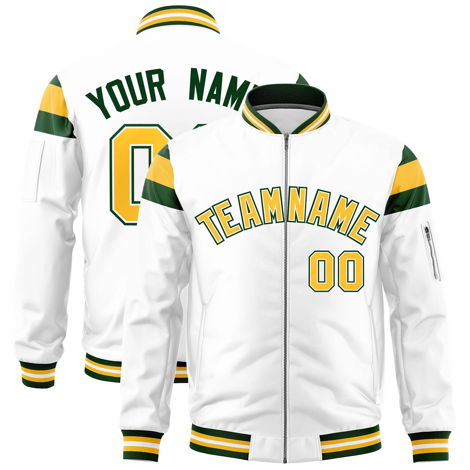 Custom White Green-Gold Varsity Full-Zip Shoulder Color Block Letterman Bomber Jacket