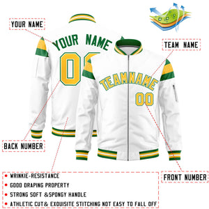 Custom White Kelly Green-Gold Varsity Full-Zip Shoulder Color Block Letterman Bomber Jacket