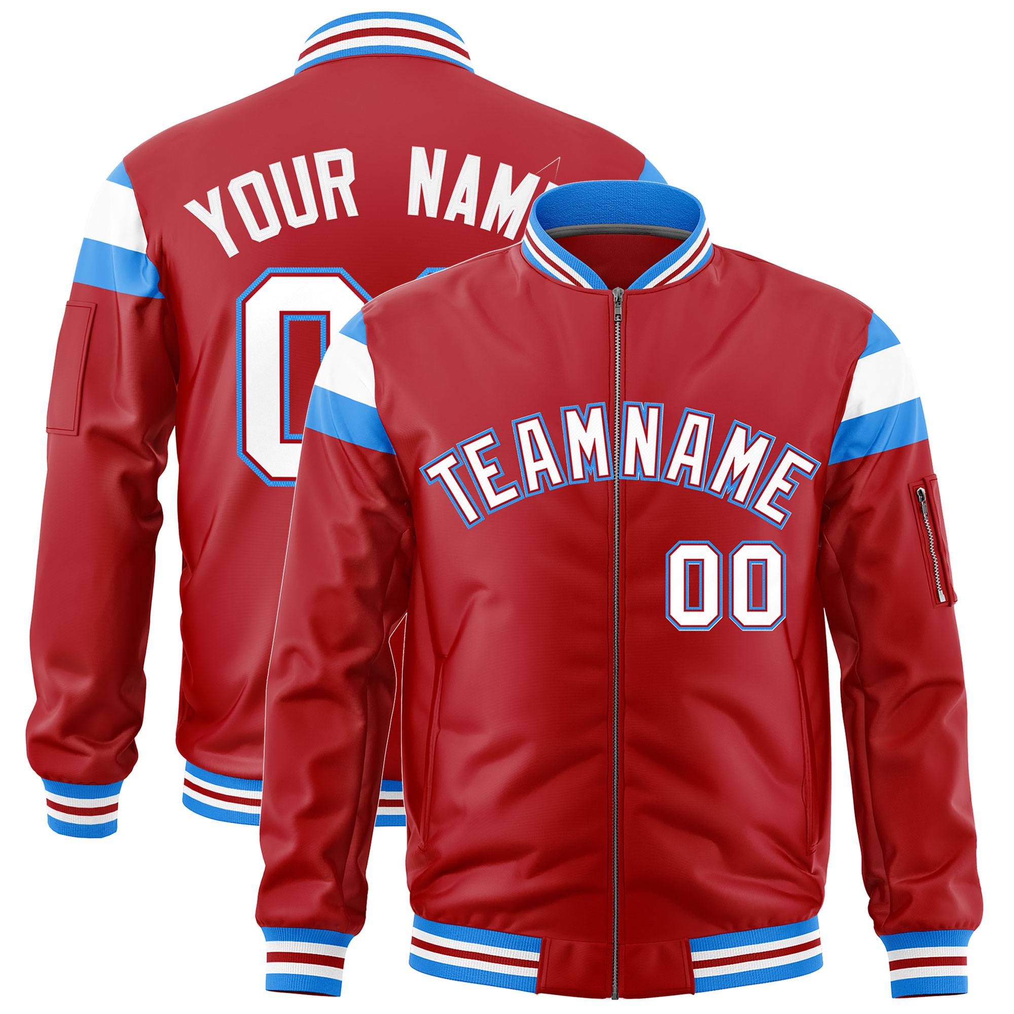 Custom Red Powder Blue-White Varsity Full-Zip Shoulder Color Block Letterman Bomber Jacket