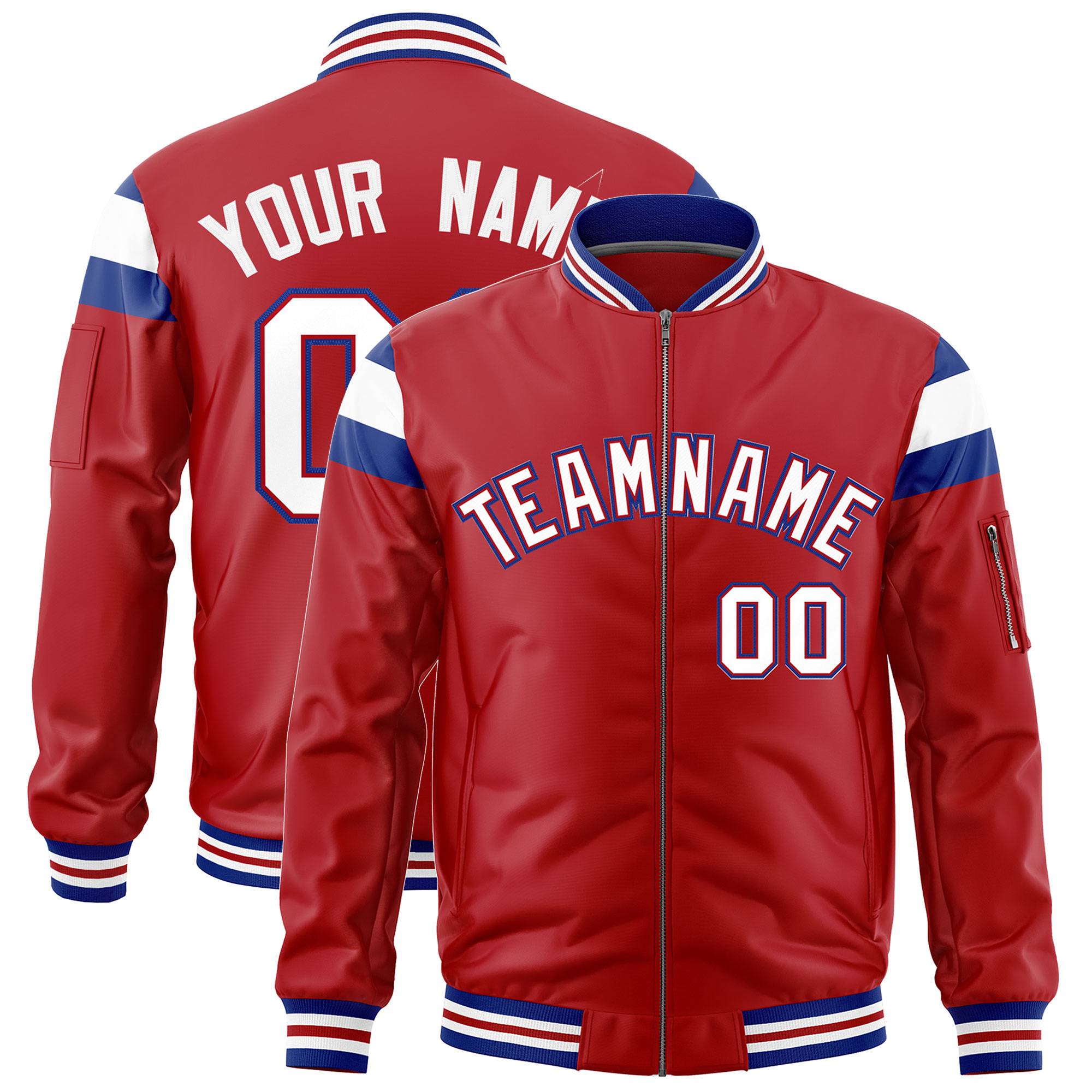 Custom Red Royal-White Varsity Full-Zip Shoulder Color Block Letterman Bomber Jacket