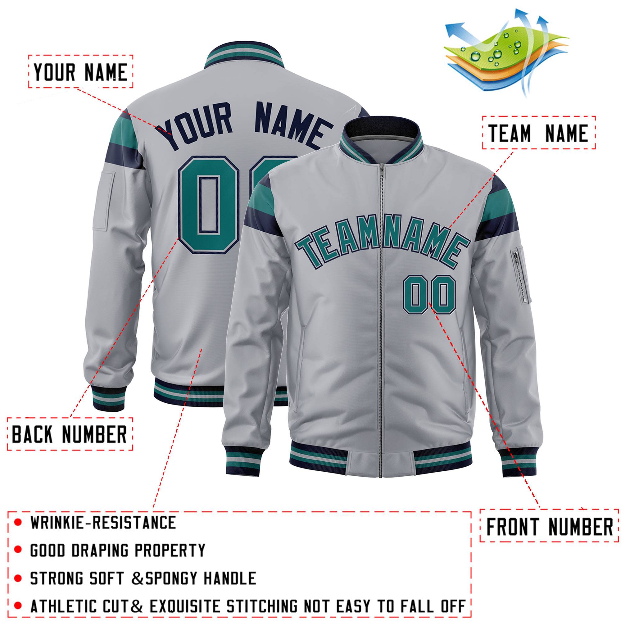 Custom Silver Navy-Aqua Varsity Full-Zip Shoulder Color Block Letterman Bomber Jacket