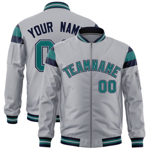 Custom Silver Navy-Aqua Varsity Full-Zip Shoulder Color Block Letterman Bomber Jacket