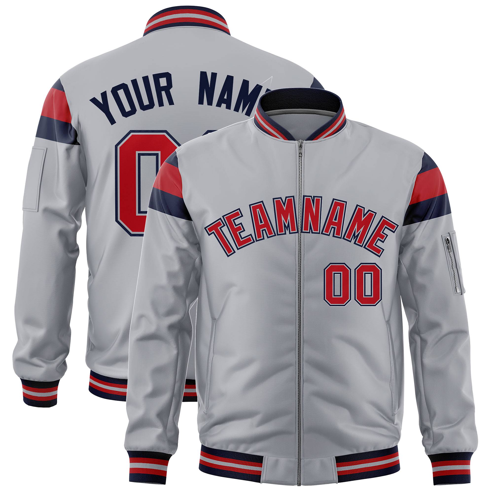 Custom Silver Navy-Red Varsity Full-Zip Shoulder Color Block Letterman Bomber Jacket