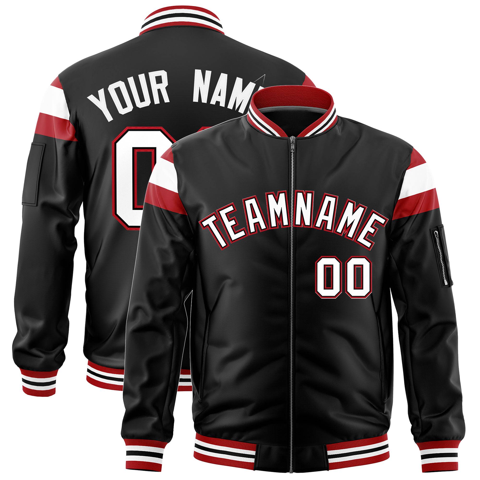 Custom Black Red-White Varsity Full-Zip Shoulder Color Block Letterman Bomber Jacket