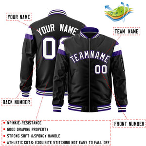 Custom Black Purple-White Varsity Full-Zip Shoulder Color Block Letterman Bomber Jacket