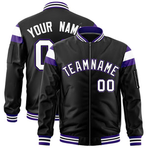 Custom Black Purple-White Varsity Full-Zip Shoulder Color Block Letterman Bomber Jacket