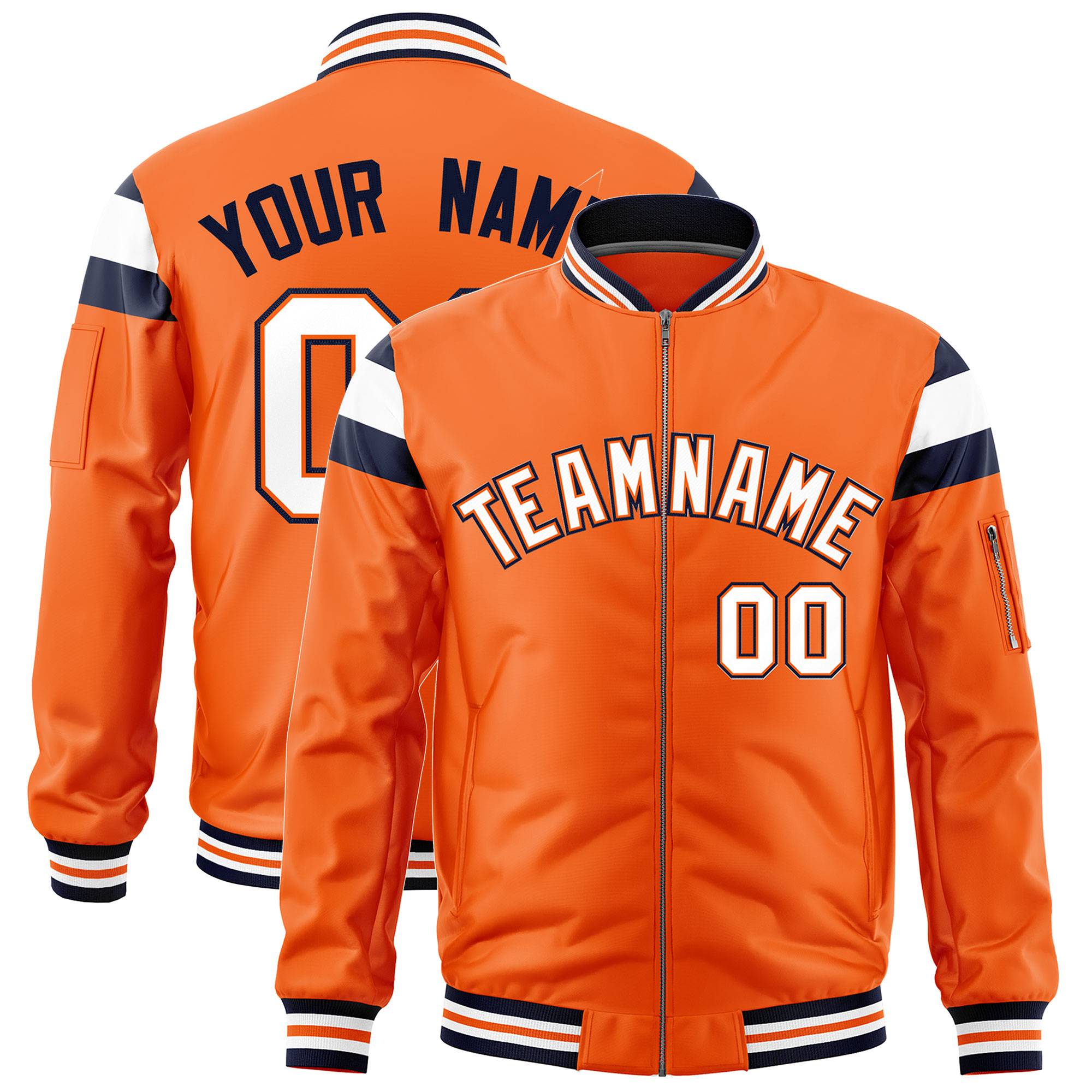 Custom Orange Navy-White Varsity Full-Zip Shoulder Color Block Letterman Bomber Jacket