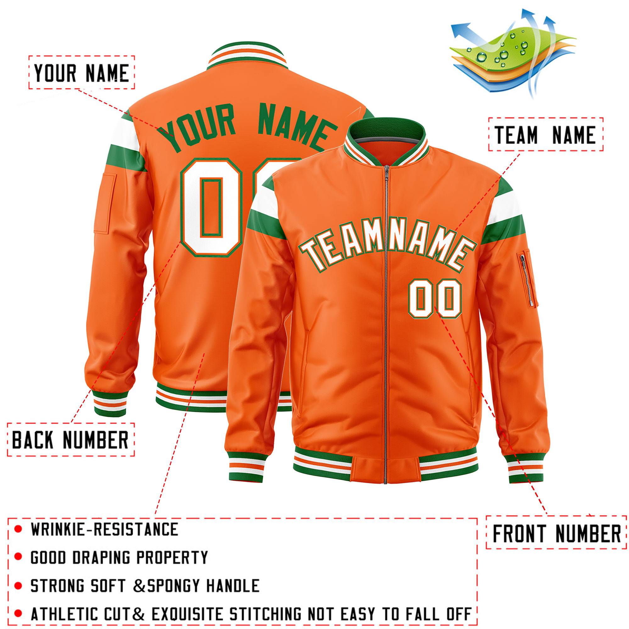 Custom Orange Kelly Green-White Varsity Full-Zip Shoulder Color Block Letterman Bomber Jacket