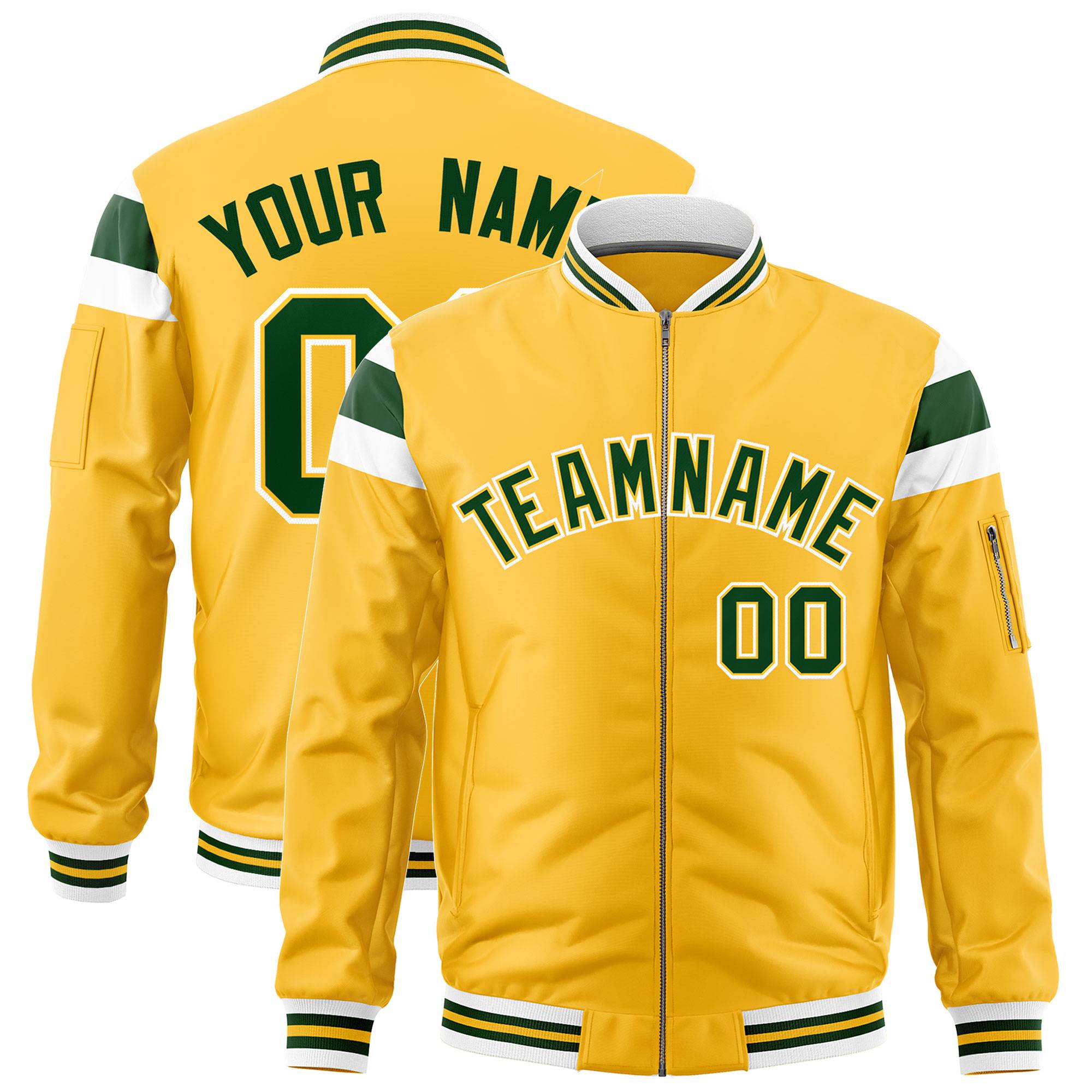 Custom Gold White-Green Varsity Full-Zip Shoulder Color Block Letterman Bomber Jacket