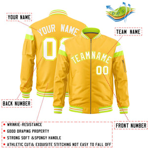 Custom Gold Fluorescent Green-White Varsity Full-Zip Shoulder Color Block Letterman Bomber Jacket