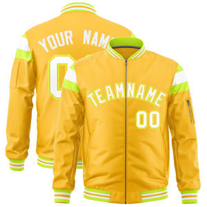 Custom Gold Fluorescent Green-White Varsity Full-Zip Shoulder Color Block Letterman Bomber Jacket