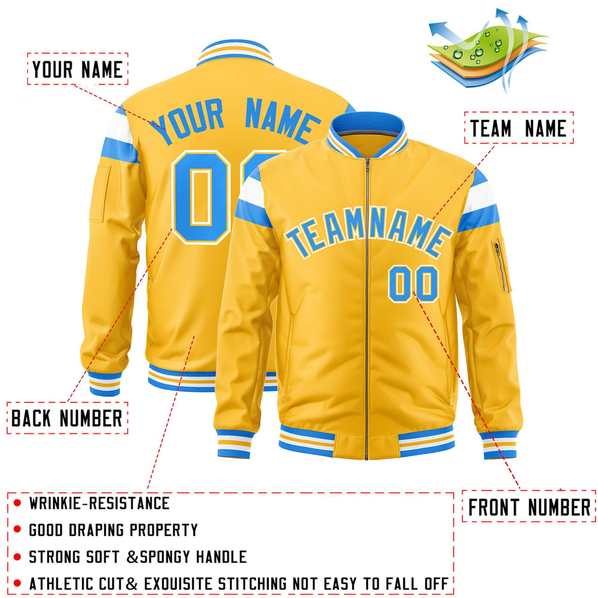 Custom Gold Powder Blue-White Varsity Full-Zip Shoulder Color Block Letterman Bomber Jacket