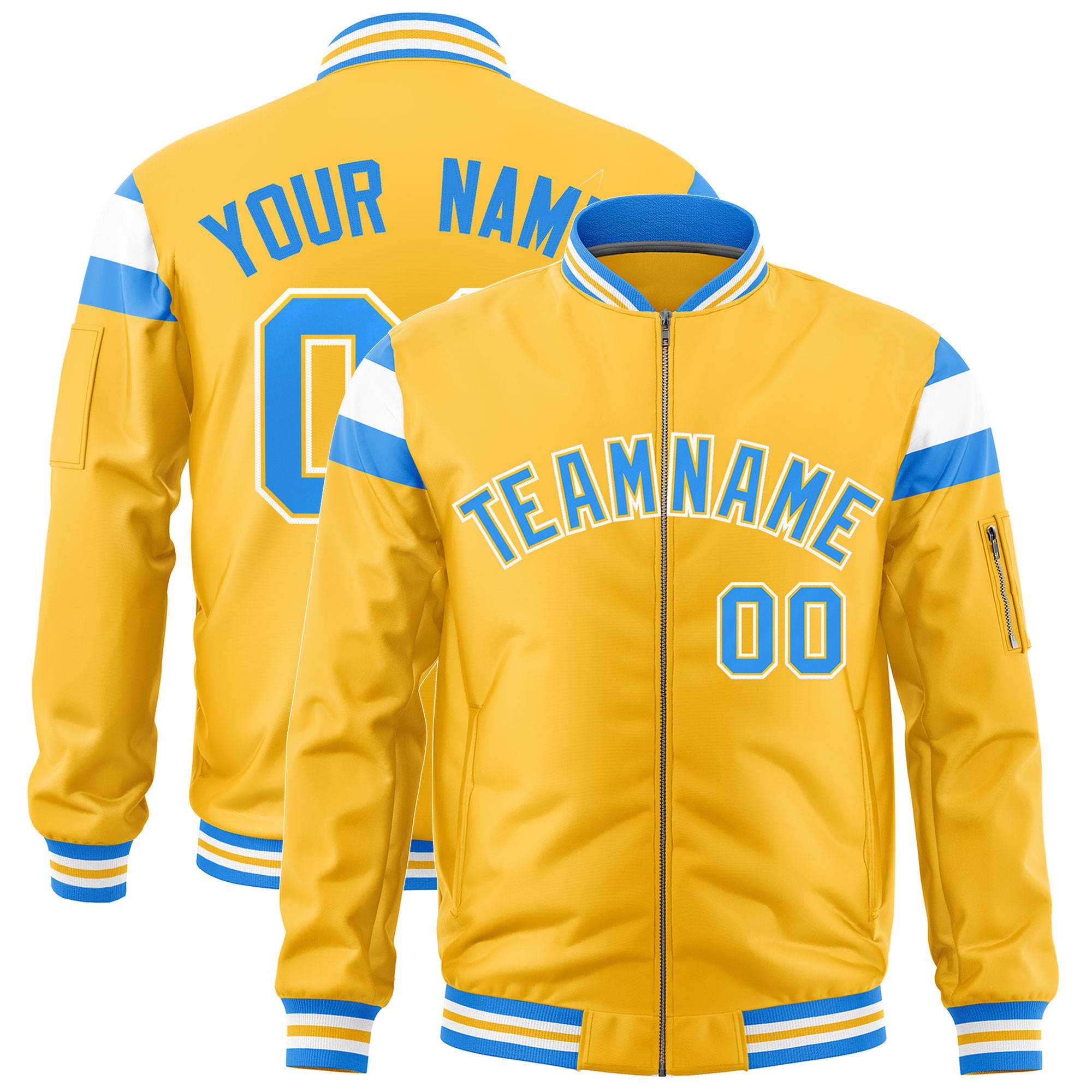 Custom Gold Powder Blue-White Varsity Full-Zip Shoulder Color Block Letterman Bomber Jacket