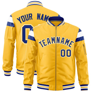 Custom Gold Royal-White Varsity Full-Zip Shoulder Color Block Letterman Bomber Jacket