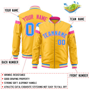 Custom Gold Powder Blue-White Varsity Full-Zip Shoulder Color Block Letterman Bomber Jacket