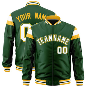 Custom Green Gold-White Varsity Full-Zip Shoulder Color Block Letterman Bomber Jacket