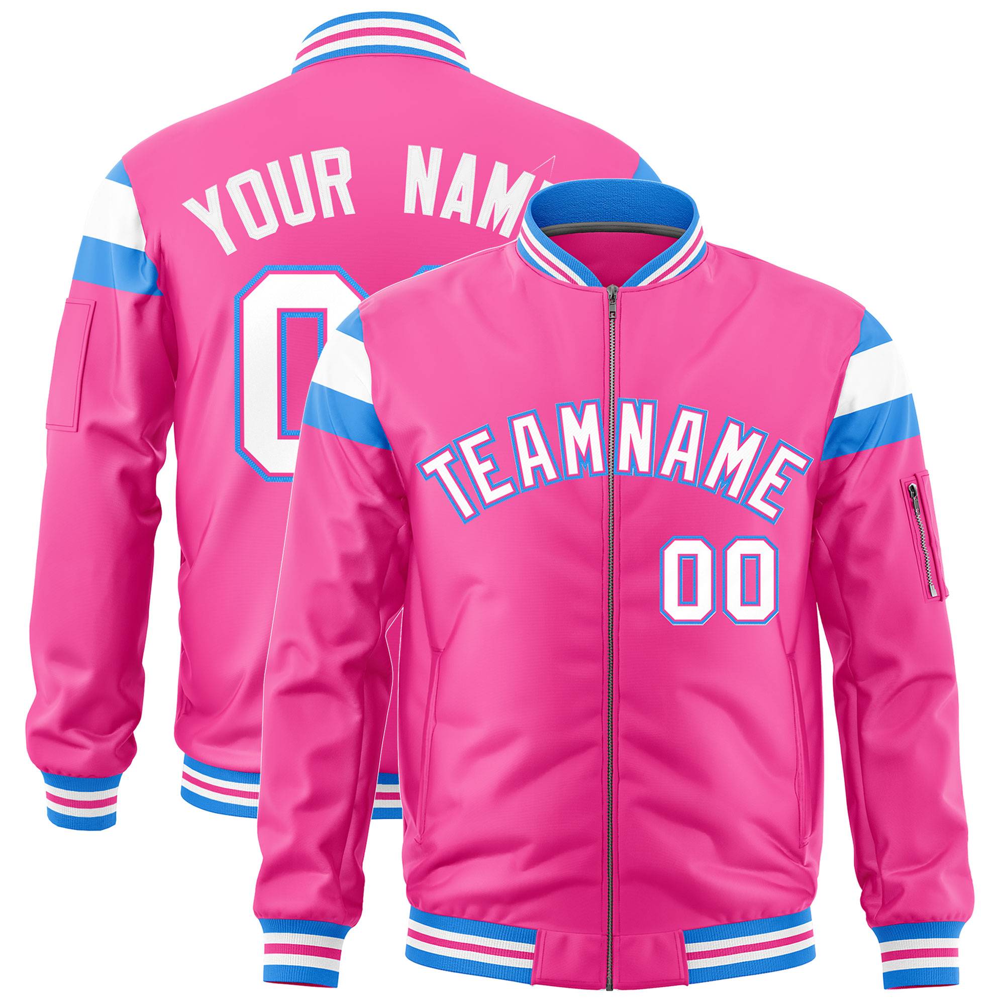 Custom Pink Powder Blue-White Varsity Full-Zip Shoulder Color Block Letterman Bomber Jacket