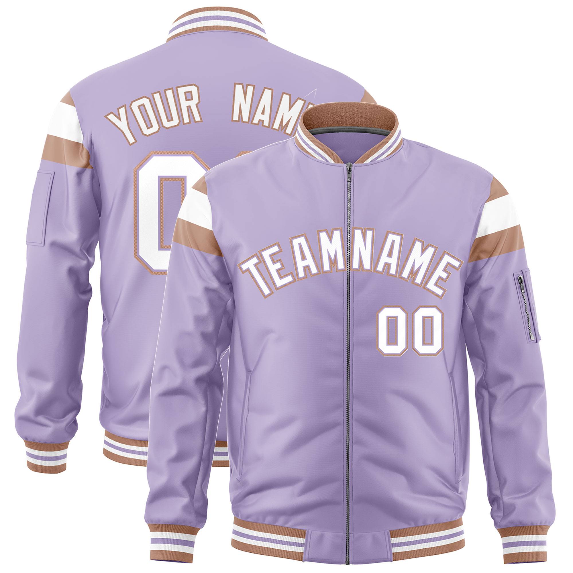 Custom Light Purple Coffee Brown-White Varsity Full-Zip Shoulder Color Block Letterman Bomber Jacket