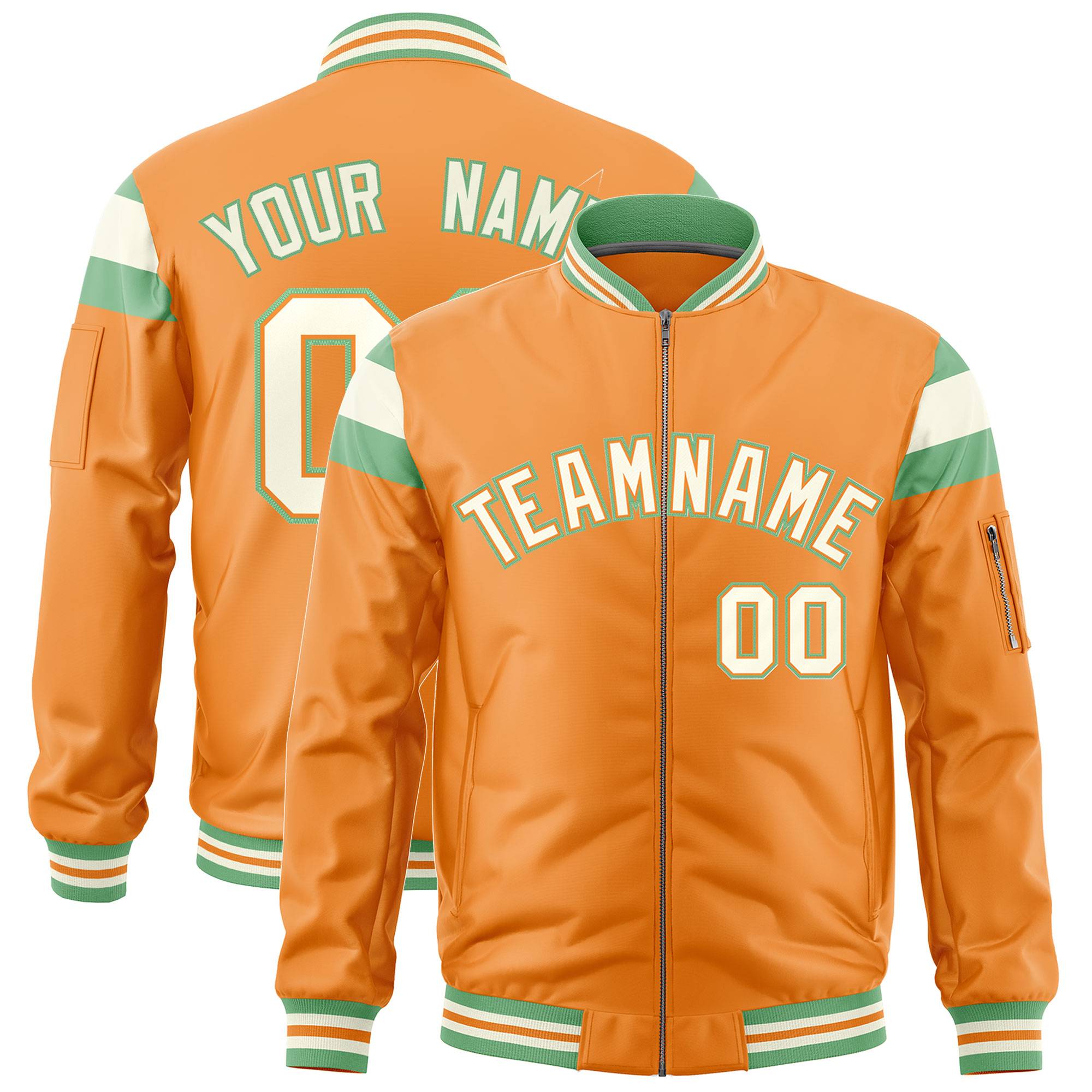 Custom Orange Light Green-Cream Varsity Full-Zip Shoulder Color Block Letterman Bomber Jacket